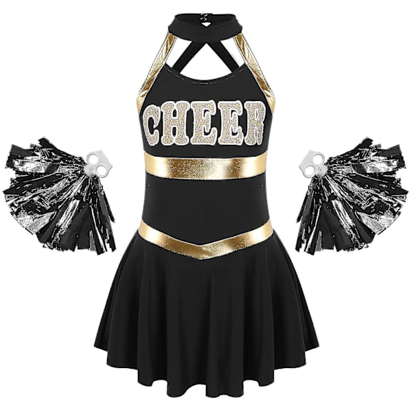 Barn Flickor Ärmlösa bokstäver Printed Dansklänning med tofs Blombollar Set för Cheerleading Kostym Cheerleader Uniformer 8 Purple