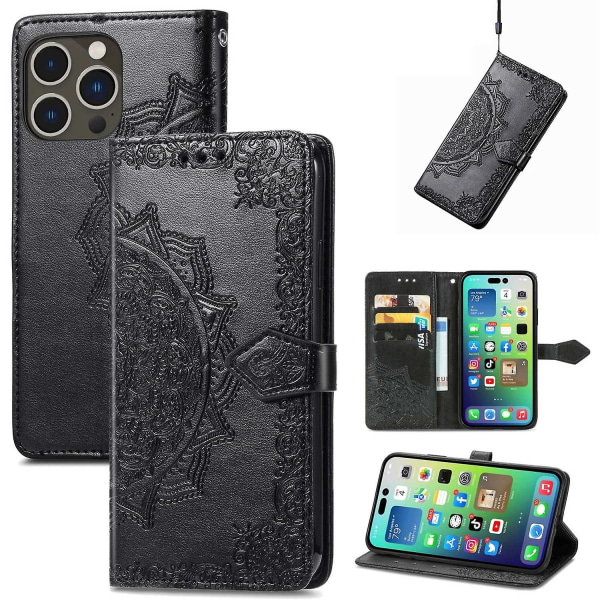 Mandala FlowerLeather phone case för iPhone 15 Pro Black