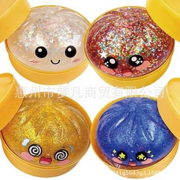 Glitter Dumpling Squishy Box Pinch Music Shining Powder Bun Blue expression bun+steamer