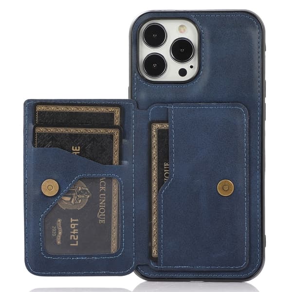 iPhone 13 Pro Max - Nahkapäällysteinen kuori korttipaikalla - Sininen