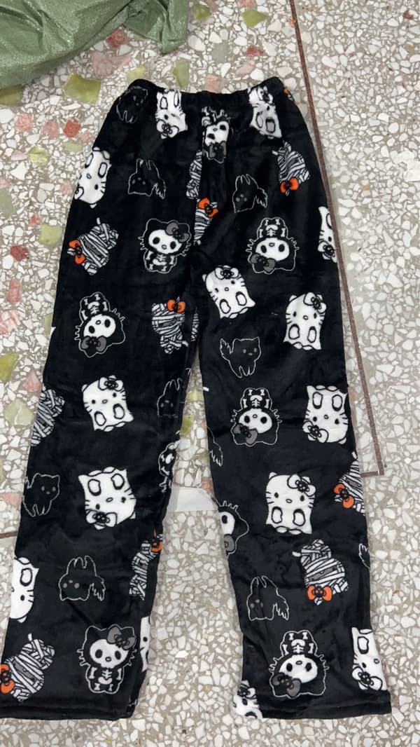 Tecknad KT Katt Jul Sammet Sovbyxor för Kvinnor, Hem Fritid, Höst/Vinter Flanell Kitty Sammet Byxor White pants M