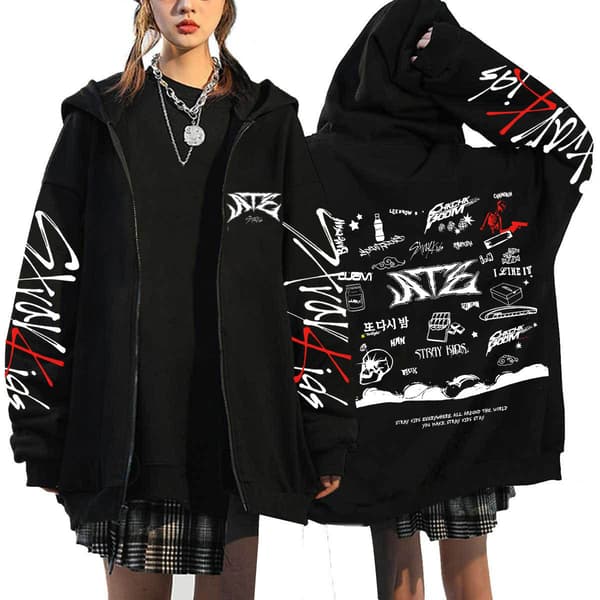 Stray Kids ATZ Sanger Hettegenser Løs Hettegenser Black 14 S