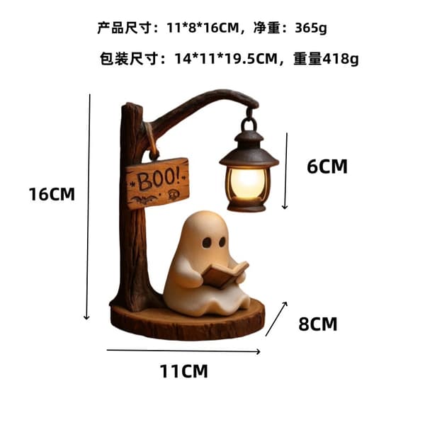 Söt Spöke Läser Lykta Halloween Spöke Läser Bok Dekoration Reading Ghost Light 16CM