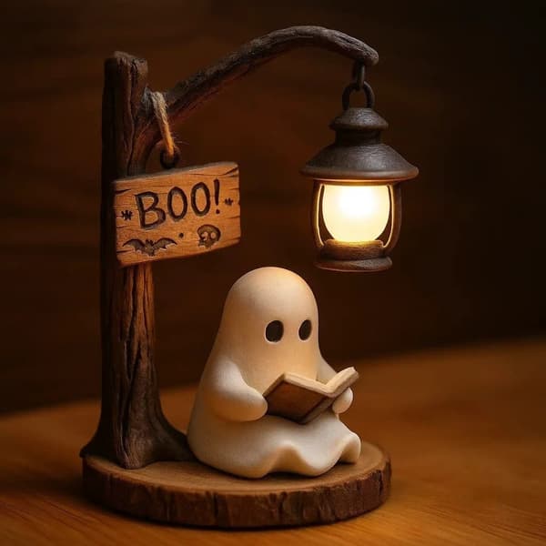 Söt Spöke Läser Lykta Halloween Spöke Läser Bok Dekoration Reading Ghost Light 16CM