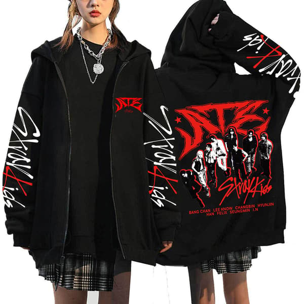 Stray Kids ATZ Sanger Hettegenser Løs Hettegenser Black 9 XL
