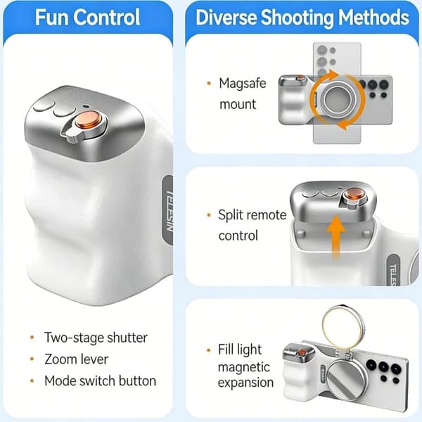 Magnetic Camera Grip for Mobile, MagSafe Phone Holder with Remote Shutter & LED Light Silver Fill Light Silver Fill Light