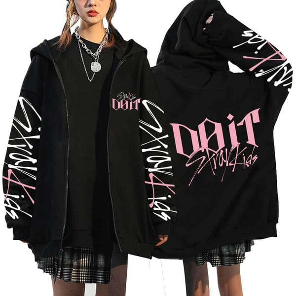 Stray kids DO IT Harajuku perifer trykt hettegenser med løs glidelås nå tilgjengelig Black 7 S