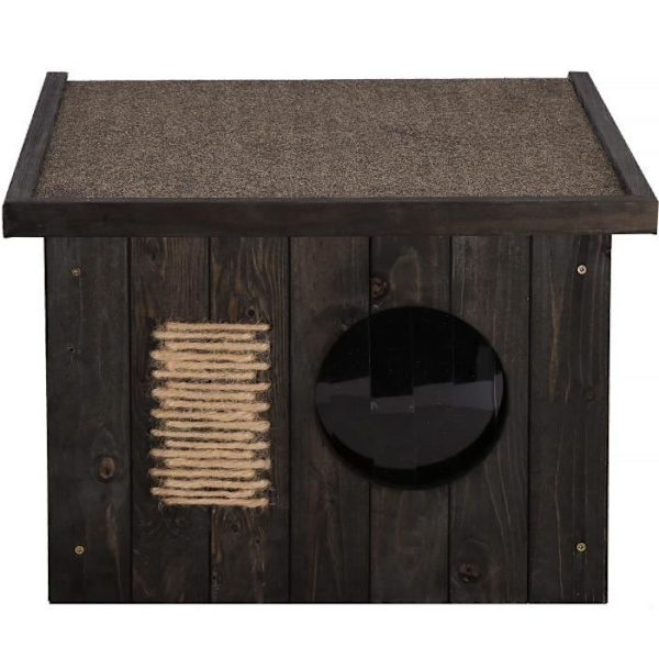 Katthus - Springos® - Svart trä - 49,5 x 58 x 36 cm - Platt tak - Väderbeständigt svart