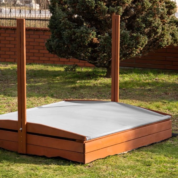 Sandlåda - Springos - 140 x 140 cm - Massivt trä - Justerbart tak - UV-skydd kastanj