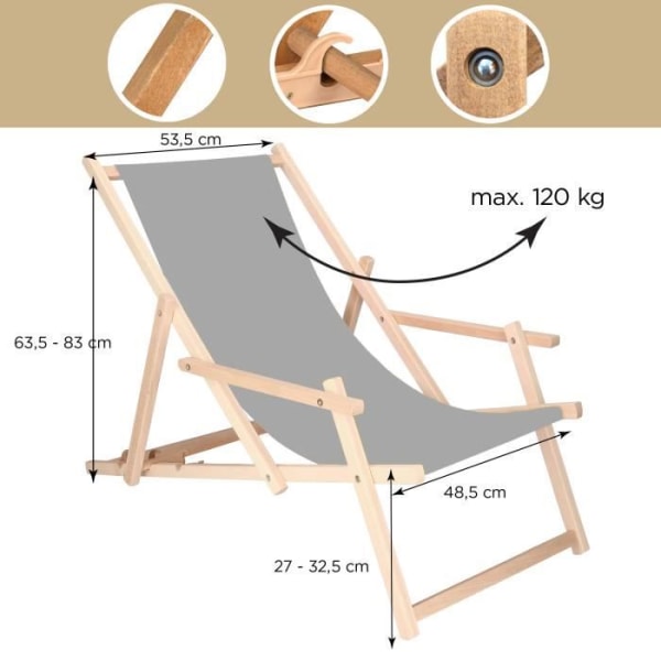 SPRINGOS® Trädgårdssäng Vikbar träsäng med armstöd Grå