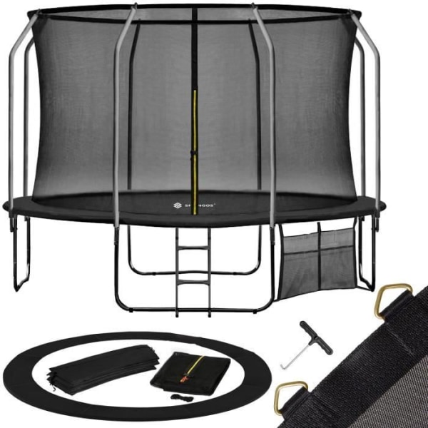 SPRINGOS® Trampolin til børn og voksne Rund Ø 365 cm med sikkerhedsnet og stige, solid og robust Svart