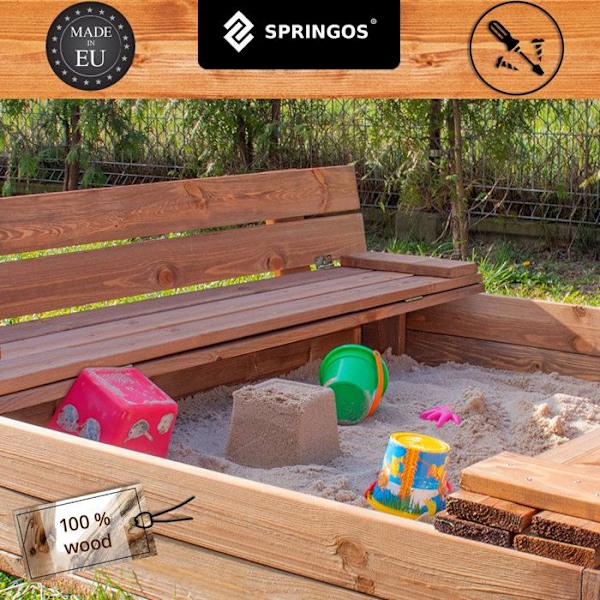 Sandkasse - SPRINGOS - 150 x 150 cm - Impregneret træ - Sammenklappelige bænke - Beskyttelseslåg