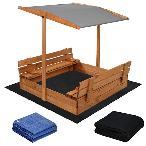 Børnesandkasse - Springos - 120 x 120 cm - Massiv Træ - Foldbare Bænke - Justerbart Tag Grå