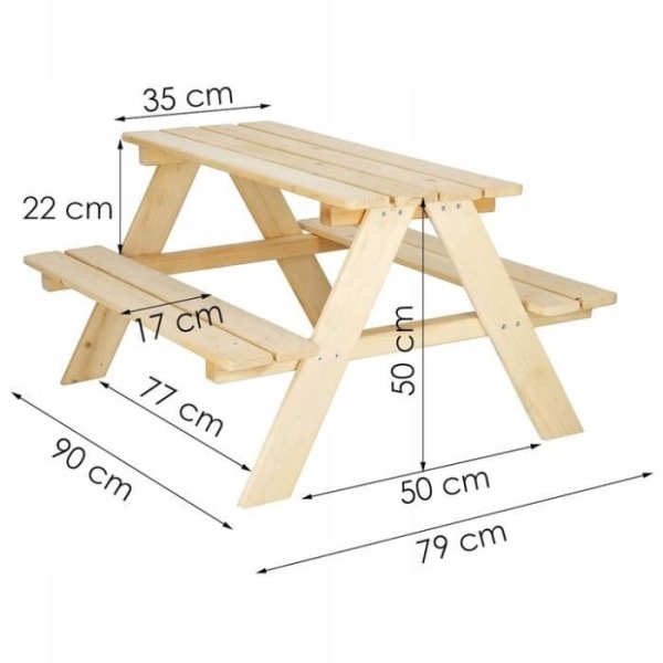 SPRINGOS® picknickbord för barn - Massivt trä - 90 x 79 x 50 cm - Vit - Naturligt - Barn Naturlig