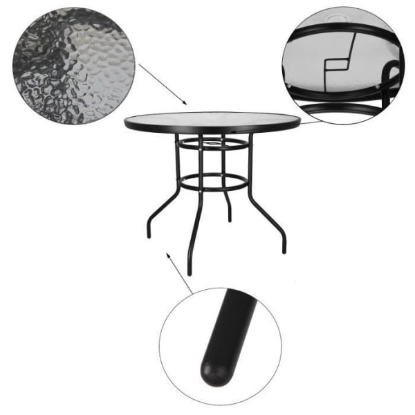 SPRINGOS® bistrobord - Runt trädgårdsbord Diameter 90 cm - Präglad glasskiva Svart