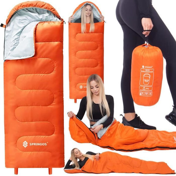 Sovepose - SPRINGOS - Varm Letvægts Rummelig - Orange - 205 cm x 73 cm - Hætte Orange