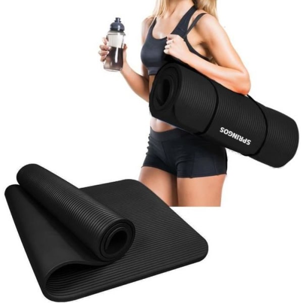 SPRINGOS yogamåtte - Sort - 180 x 60 cm - NBR og gummi - Bærerem medfølger Svart
