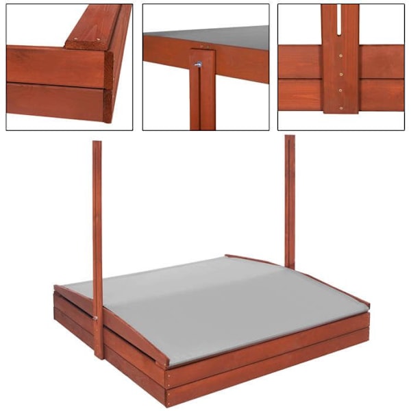 Sandkasse - Springos - 140 x 140 cm - Massivtræ - Justerbart tag - UV-beskyttelse kastanj