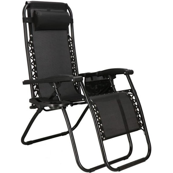 Chaise Longue - SPRINGOS® - Käännettävä - Musta - Säädettävä - Juomapukki mukana Svart