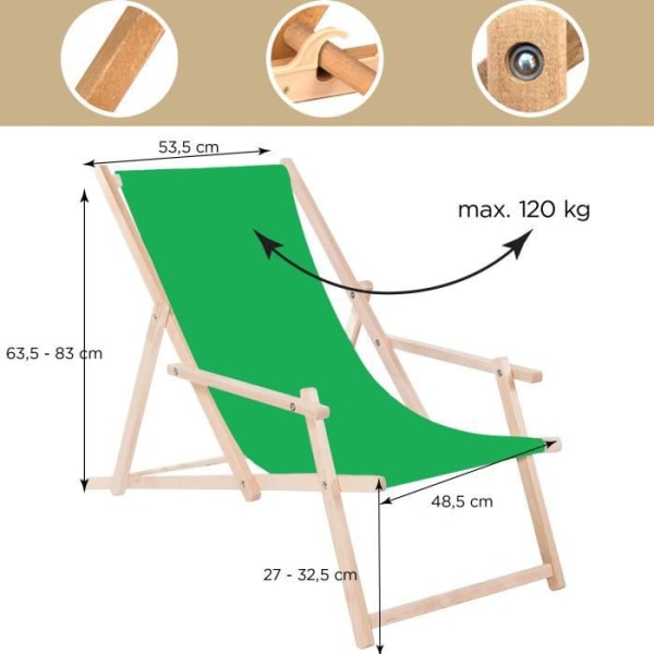 SPRINGOS® Garden Deckchair Taitettava puinen lepotuoli käsinojilla Grön