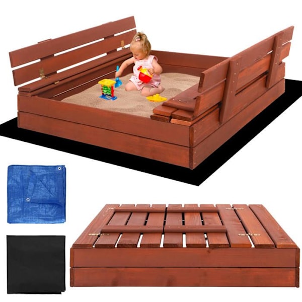 Sandlåda - SPRINGOS® - 100x100 cm - Softwood - Geotextilöverdrag - Inbyggda bänkar Brun