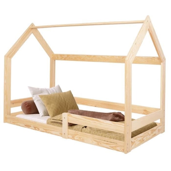 Springos® husformad barnsäng med boxfjäder, fallskyddsstaket 80 x 160 cm, hussäng i naturligt massivt trä naturlig