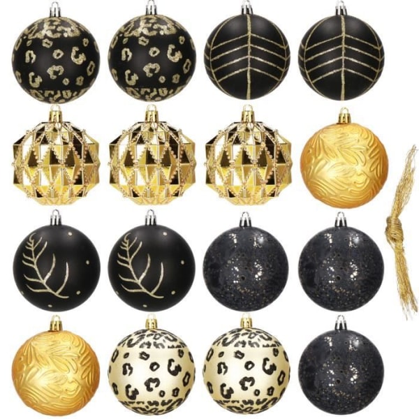 Juletræspynt - SPRINGOS - 16 stk. trækugler ornamenter - guld/sort svart guld