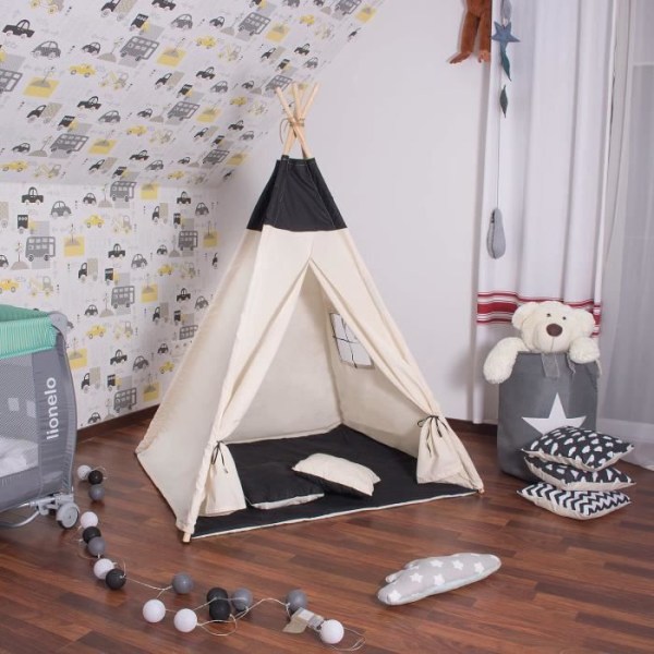 Lasten teepee-teltta SPRINGOS puuvillaa - Musta - 160x120x100 cm - 2 tyynyä mukana Svart