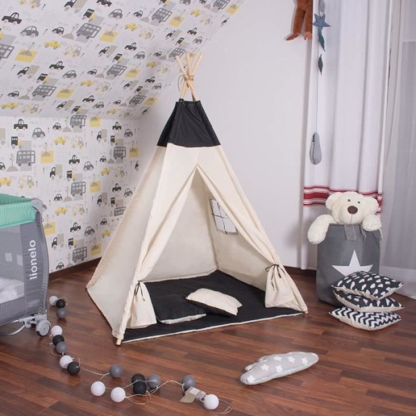 Tipi-tält för barn i SPRINGOS bomull - Svart - 160x120x100 cm - 2 kuddar ingår