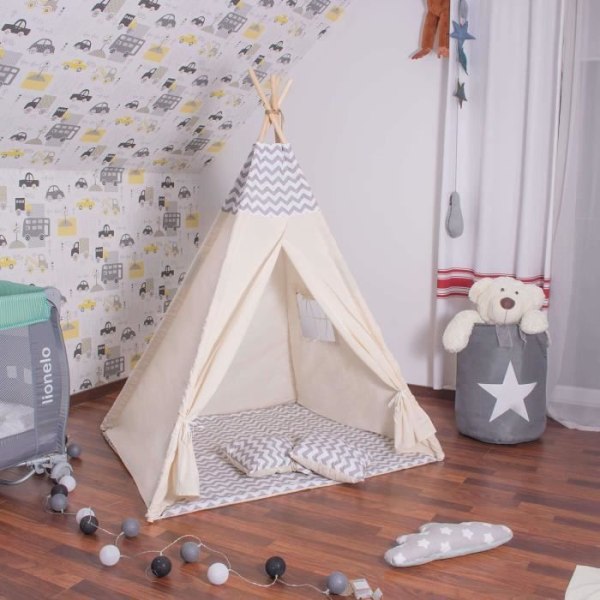 Tipi-tält för barn i SPRINGOS bomull - 160x120x100 cm - sicksack / grå