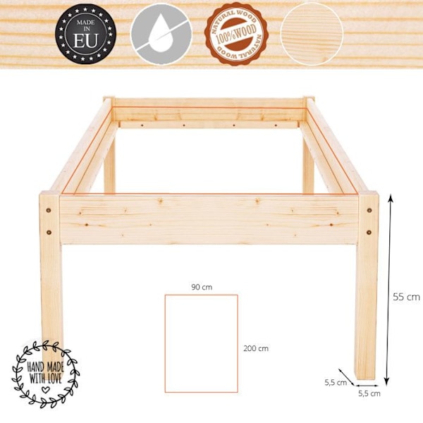 Enkeltseng - Springos - Sengramme - Højde 55 cm - Nåltræ - 90 x 200 cm naturlig