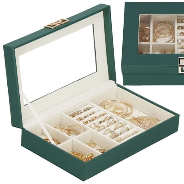 Smykkeskrin - Smykkeorganisator - Kvinde - 23,5 x 14 x 5,5 cm - Mørkegrøn - Syntetisk mörkgrön