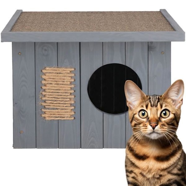 Springos® utomhus katthus i trä 49,5 x 58 x 36 cm, katthem med platt tak, kattskrapstolpe grå