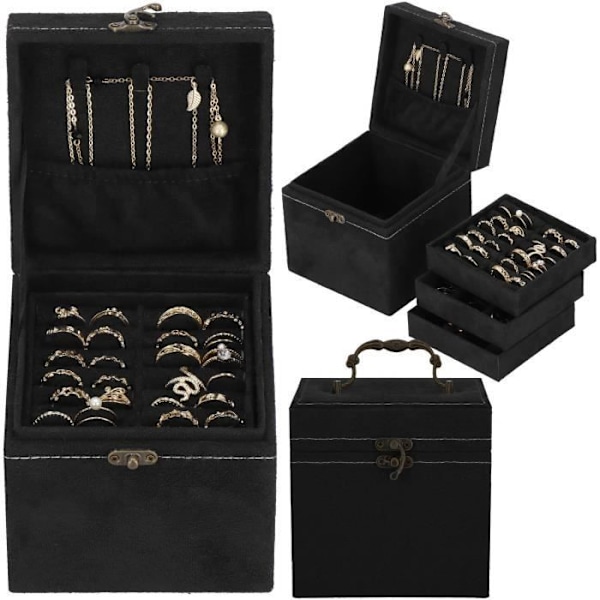 Smykkeskrin - SPRINGOS - Rejserstorage til Kvinder - Velour - Retro Lås - 12x12x12 cm Svart