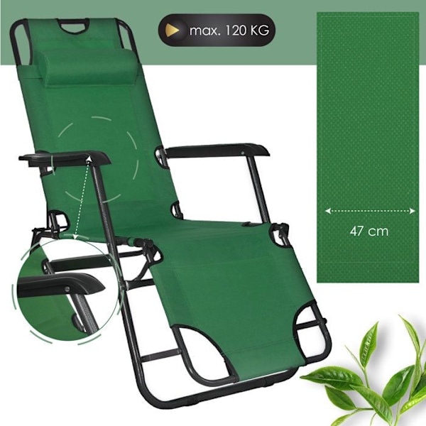 Springos® Chaise longue, jossa on pääntuki ja käsinojat 60 x 120 x 80 cm Grön
