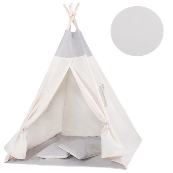 SPRINGOS® tipi-tält för barn i bomull, 2 kuddar ingår - 160x120x100 cm – Grå Grå