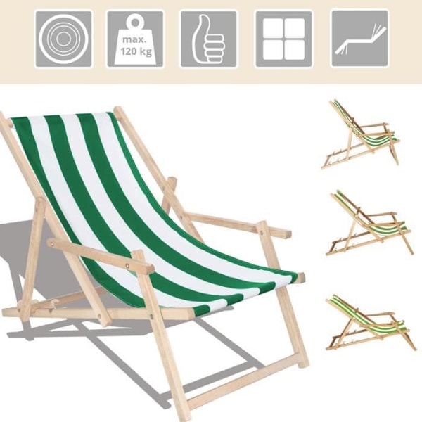 SPRINGOS® Garden Deckchair Taitettava puinen lepotuoli käsinojilla Grön/vit