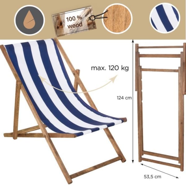 Hopfällbar strandstol i trä - SPRINGOS® - blå ränder - 120 kg