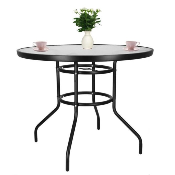 SPRINGOS® bistrobord - Rundt havebord Diameter 90 cm - Præget glasplade Svart