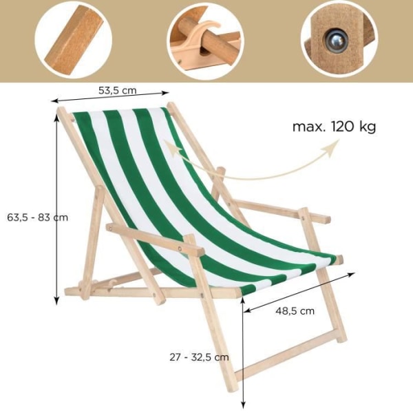 SPRINGOS® Garden Deckchair Taitettava puinen lepotuoli käsinojilla Grön/vit