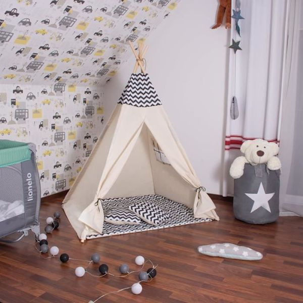 SPRINGOS® barntält i bomull - 160x120x100 cm - Svart sicksack Svart
