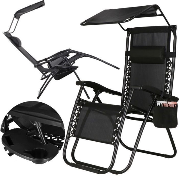 SPRINGOS loungestol med solsejl - Sort - 62 x 110 cm - Maks. 130 kg - Totalhøjde 112 cm Svart