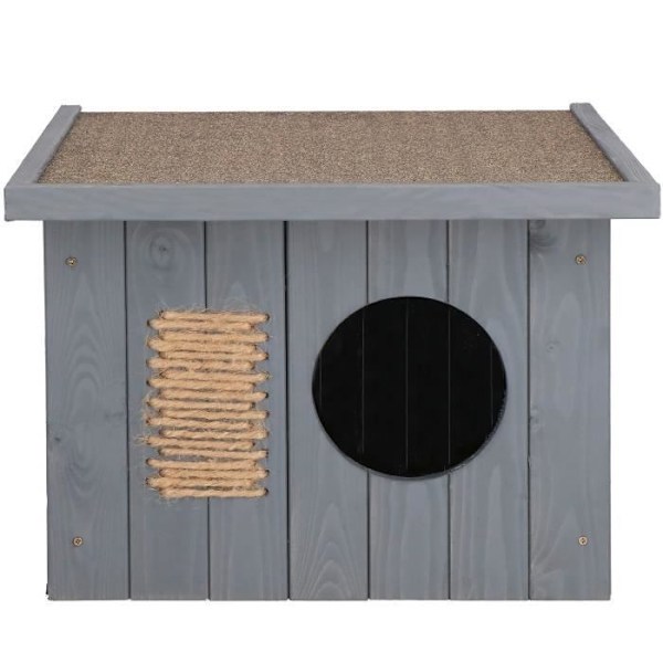 Springos® udendørs kattehus i træ 49,5 x 58 x 36 cm, katteskjul med fladt tag, kattekradsestolpe grå