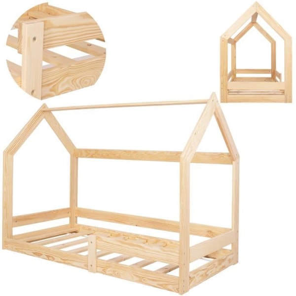 Springos® husformet børneseng med boxspring, faldsikringshegn 80 x 160 cm, husseng i naturligt massivt træ naturlig