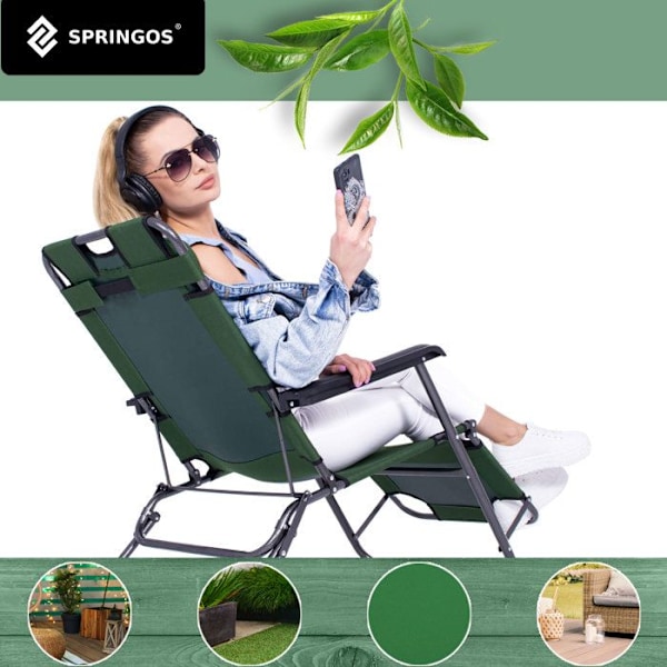 Springos® Chaise longue, jossa on pääntuki ja käsinojat 60 x 120 x 80 cm Grön