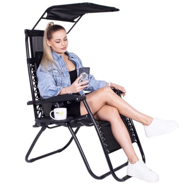 SPRINGOS loungestol med solsejl - Sort - 62 x 110 cm - Maks. 130 kg - Totalhøjde 112 cm Svart