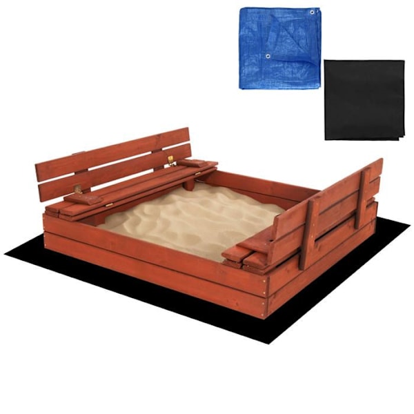 Puinen hiekkalaatikko - Springos® - 120 x 120 cm - Penkeillä - Suojakangas - Kyllästetty Kastanjebrun