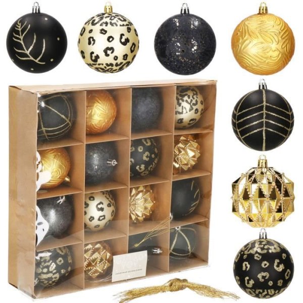 Juletræspynt - SPRINGOS - 16 stk. trækugler ornamenter - guld/sort svart guld