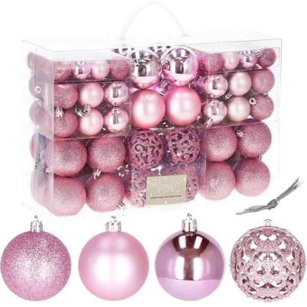 Julekugler - SPRINGOS - 100 stk - Plastik - 6 cm - Fire forskellige designs Rosa