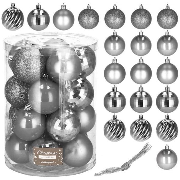 Julekugler - SPRINGOS - 20 stk - Ø 4 cm - Plast - Grå - Skinnende og mat Grå